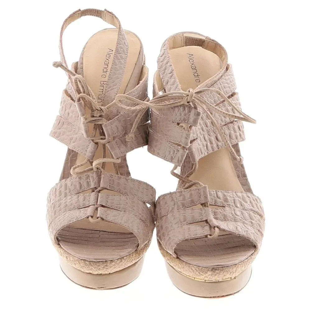 Alexandre Birman Wedges Women’s 7 Strappy Tie Reptile Raffia Natural Luxury